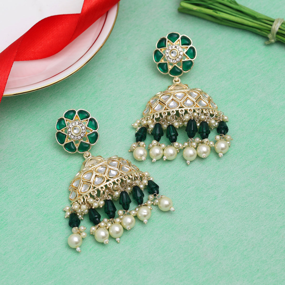 Green Color Kundan Earrings (KDE853GRN)