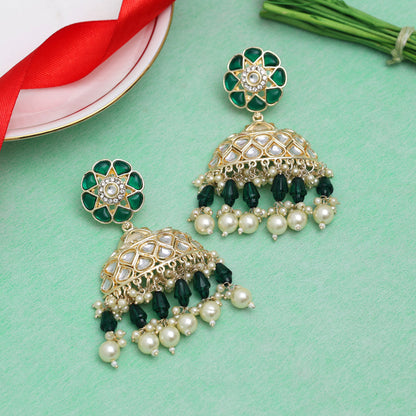 Green Color Kundan Earrings (KDE853GRN)