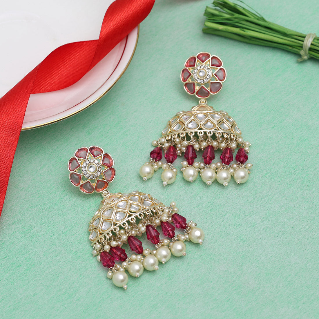 Magenta Color Kundan Earrings (KDE853MNT)