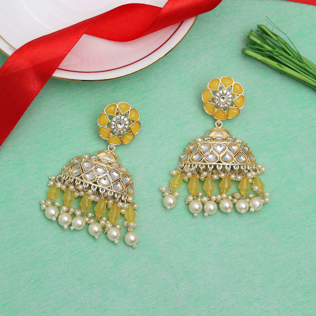 Yellow Color Kundan Earrings (KDE853YLW)