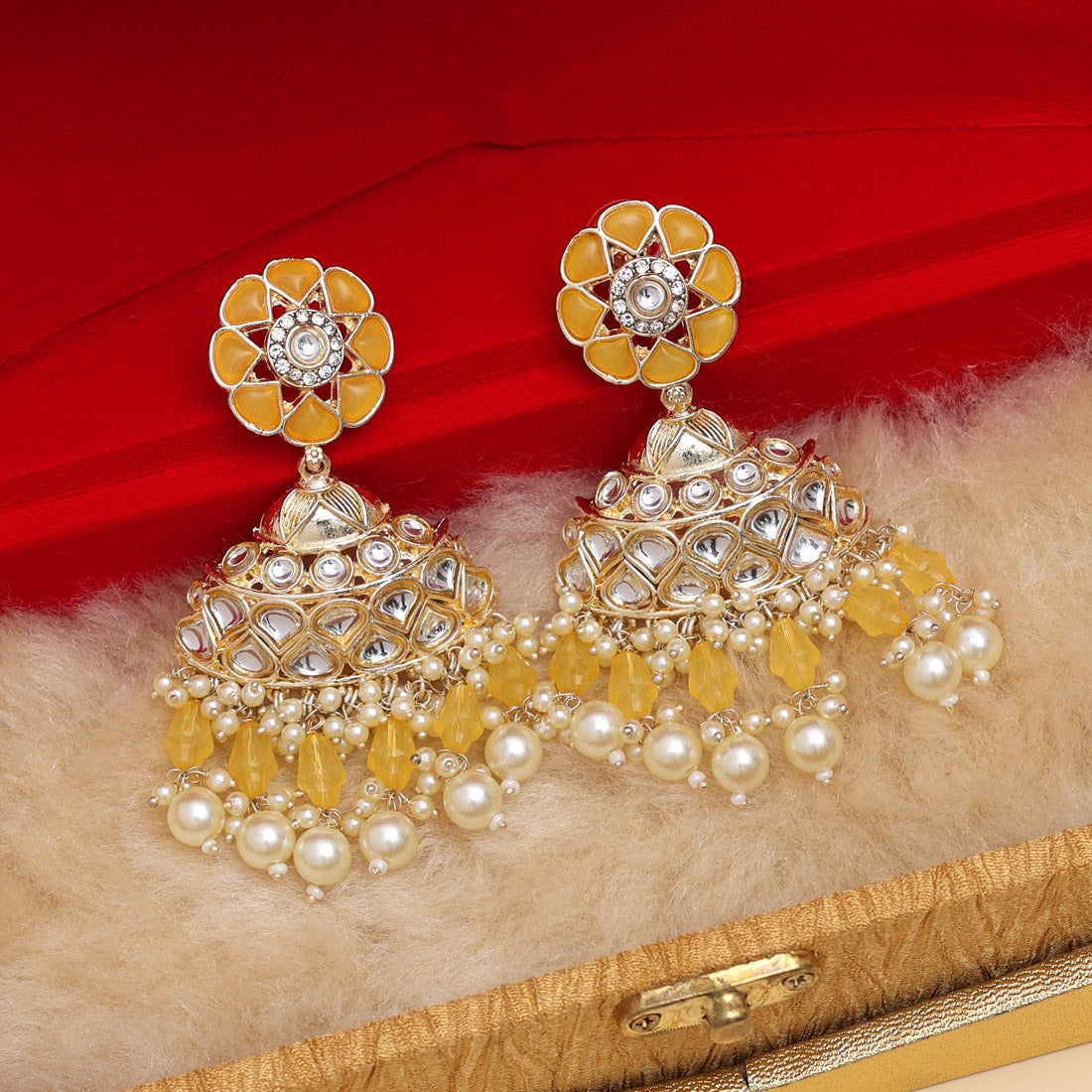 Yellow Color Kundan Earrings (KDE853YLW)