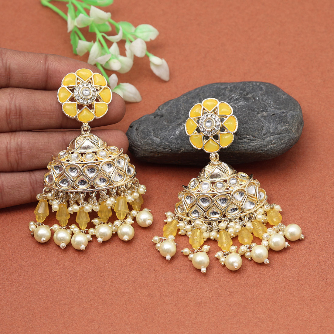Yellow Color Kundan Earrings (KDE853YLW)