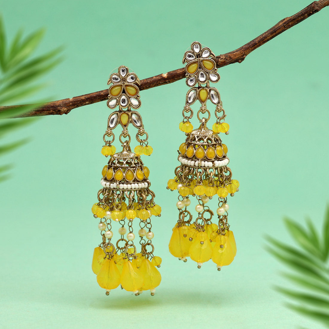 Yellow Color Kundan Earrings (KDE864YLW)