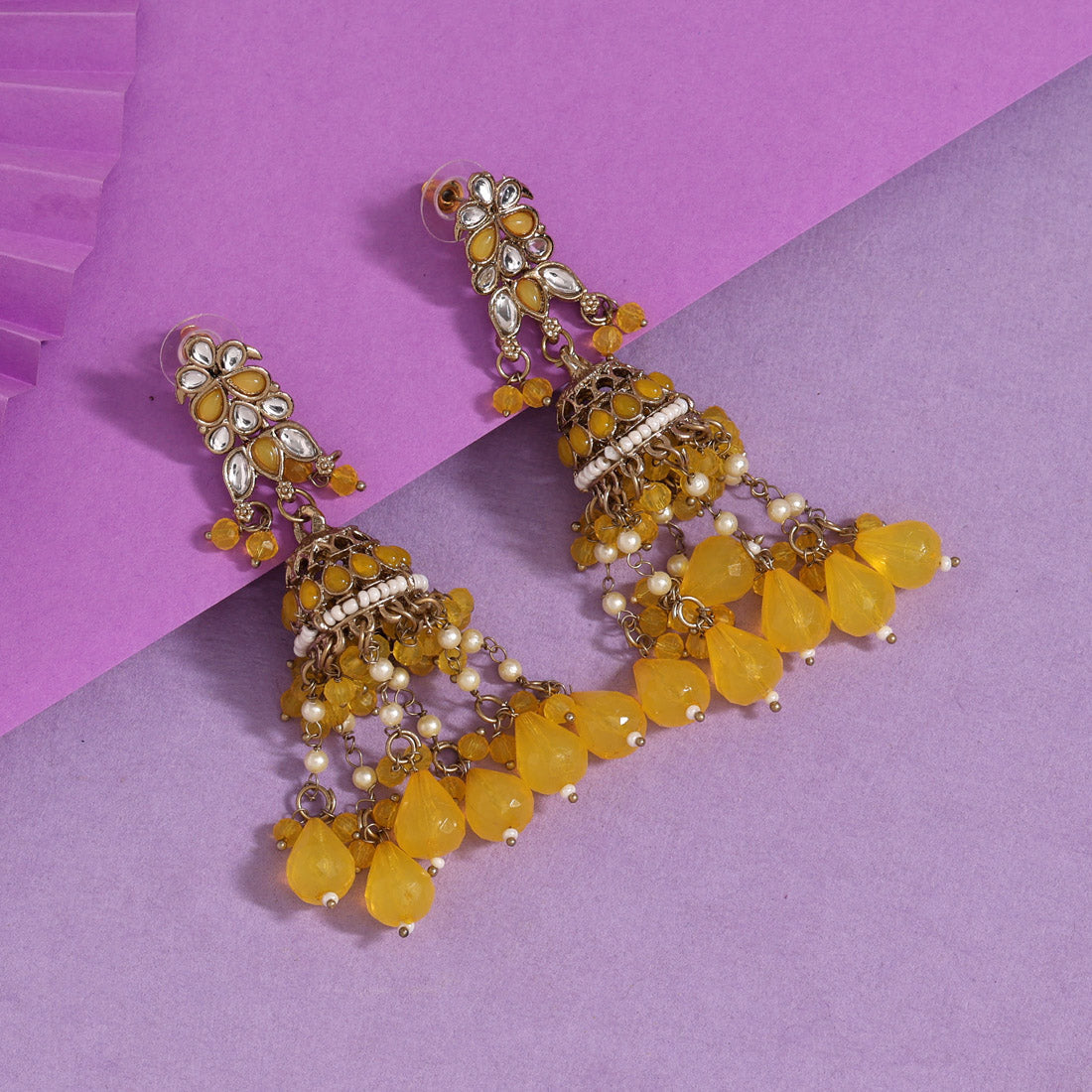 Yellow Color Kundan Earrings (KDE864YLW)