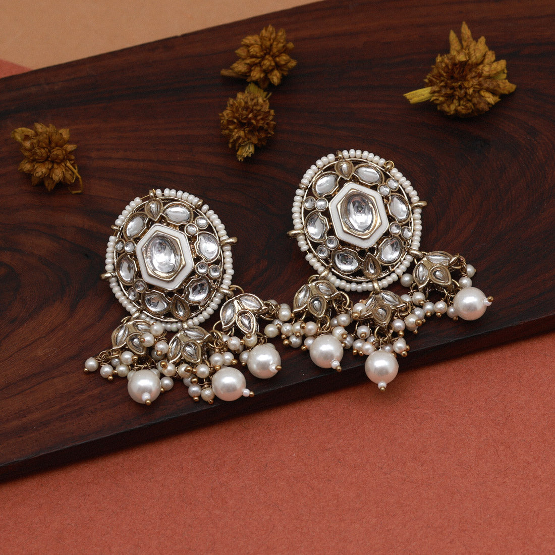 White Color Kundan Earrings (KDE871WHT)