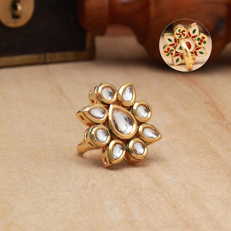 White Color Meena Work Kundan Ring For Women (KDR127WHT)