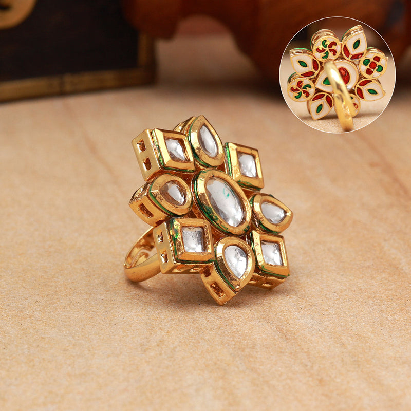 White Color Meena Work Kundan Ring For Women (KDR128WHT)