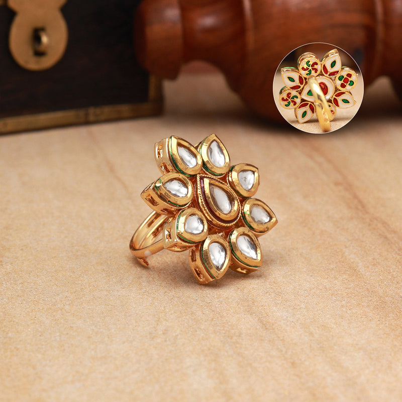 Maroon & Green Color Meena Work Kundan Ring For Women (KDR129MG)