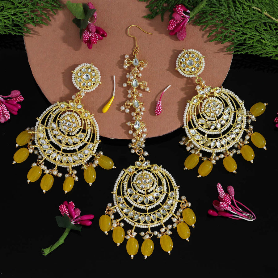 Traditional Pink Pearl And Kundan Maang Tikka With Earring Set For Women -  I Jewels - 3127277
