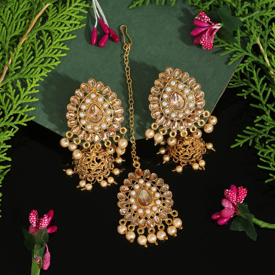 Peach Colour Earrings With Maang Tikka 2024 | favors.com