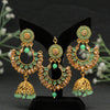 Parrot Green Color Mint Meena Kundan Earrings With Maang Tikka (KDTE513PGRN)