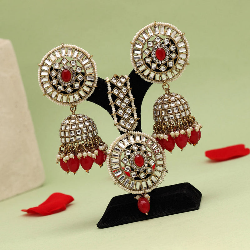 Red Color Kundan Earrings With Maang Tikka (KDTE536RED)