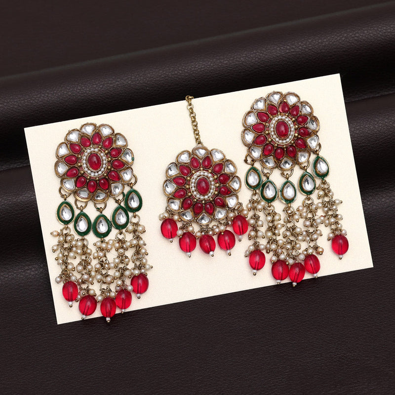 Rani Color Kundan Earrings With Maang Tikka (KDTE543RNI)