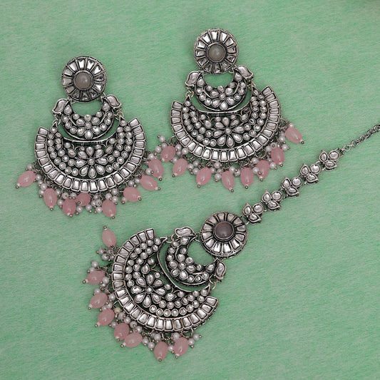 Pink Color Kundan Earrings With Maang Tikka (KDTE546PNK)