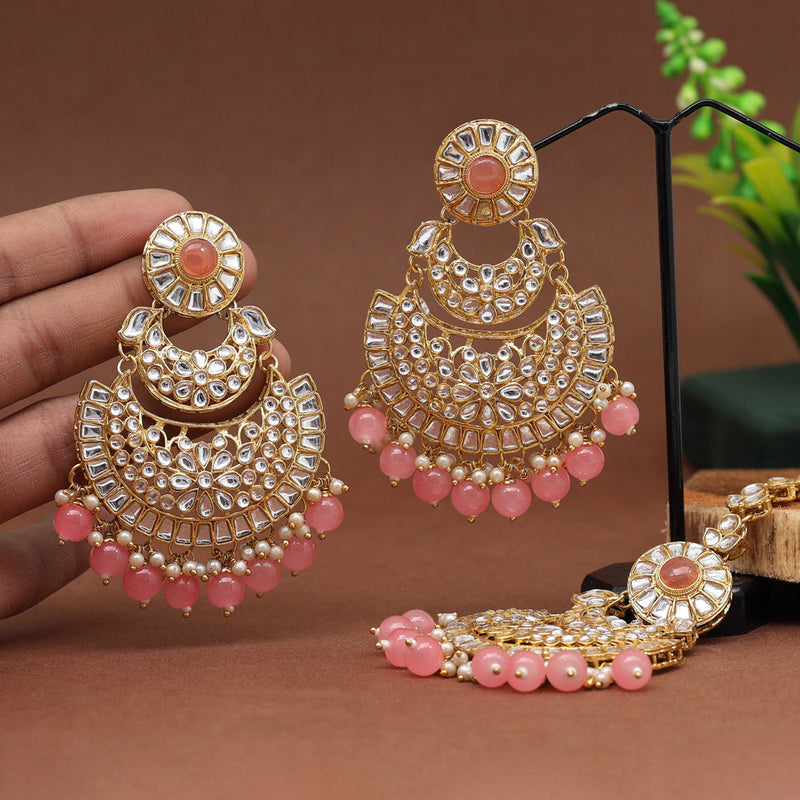 Dark Peach Color Kundan Earrings With Maang Tikka (KDTE547DPCH)