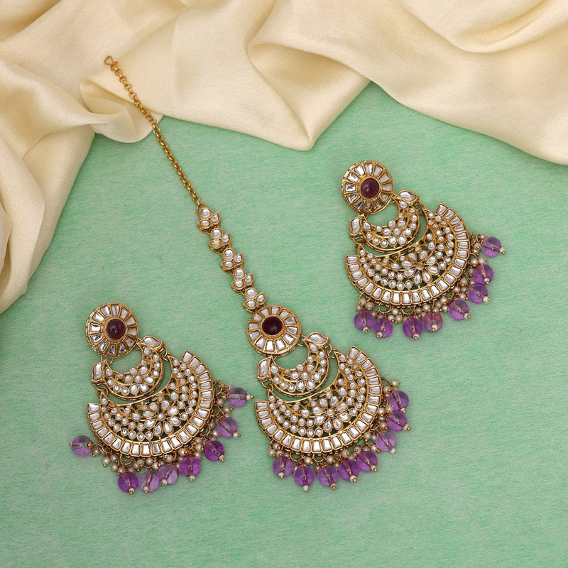 Light Purple Color Kundan Earrings With Maang Tikka (KDTE547LPRP)