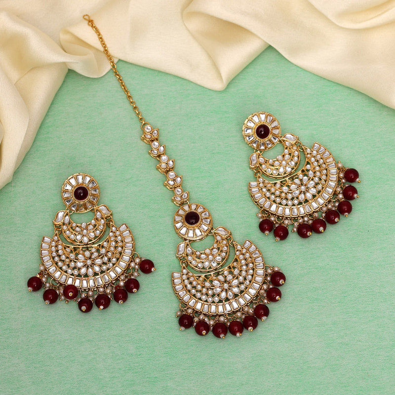 Maroon Color Kundan Earrings With Maang Tikka (KDTE547MRN)