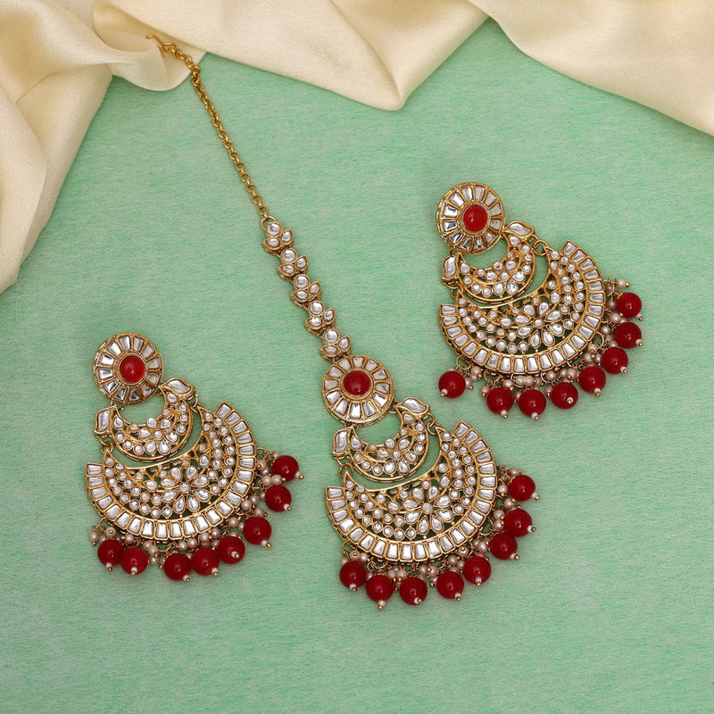 Red Color Kundan Earrings With Maang Tikka (KDTE547RED)