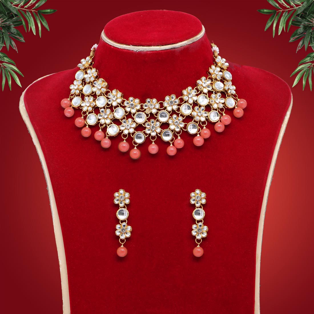 Peach Color Kundan Necklace Set (KN1047PCH)