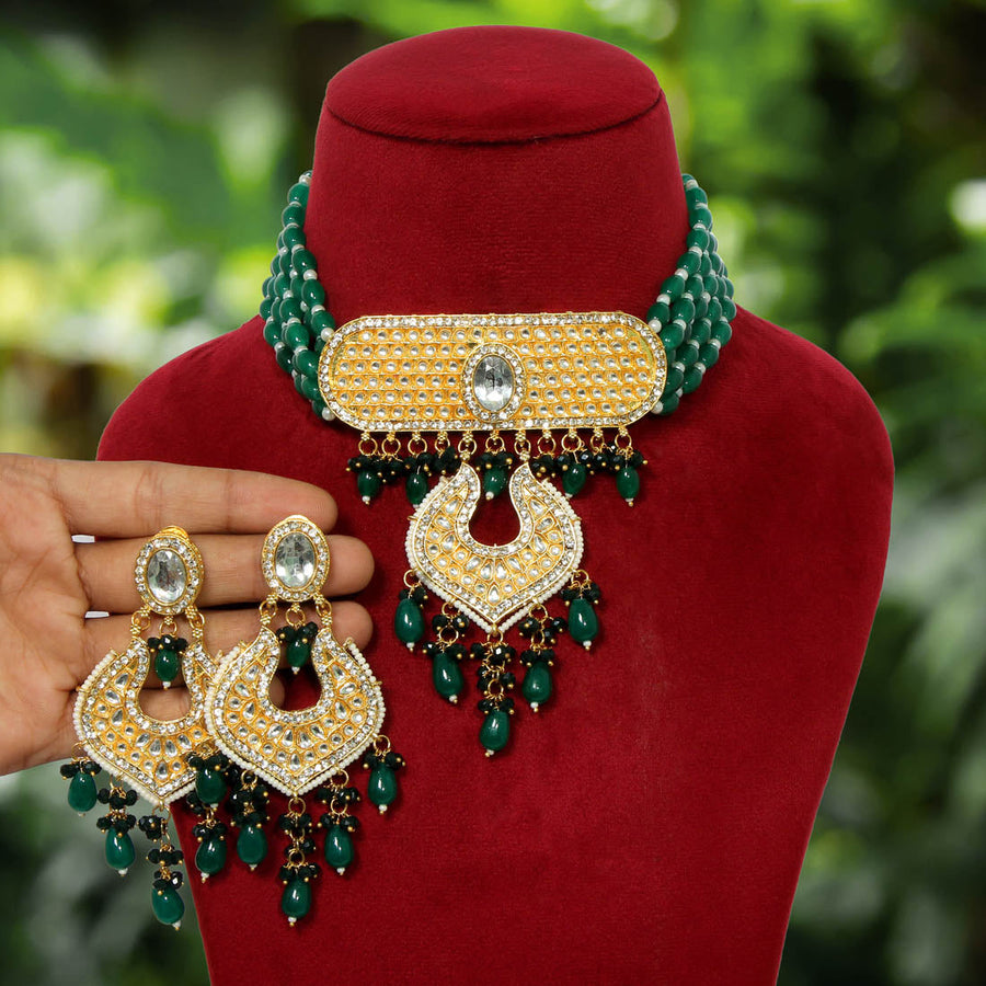 Green color deals kundan set