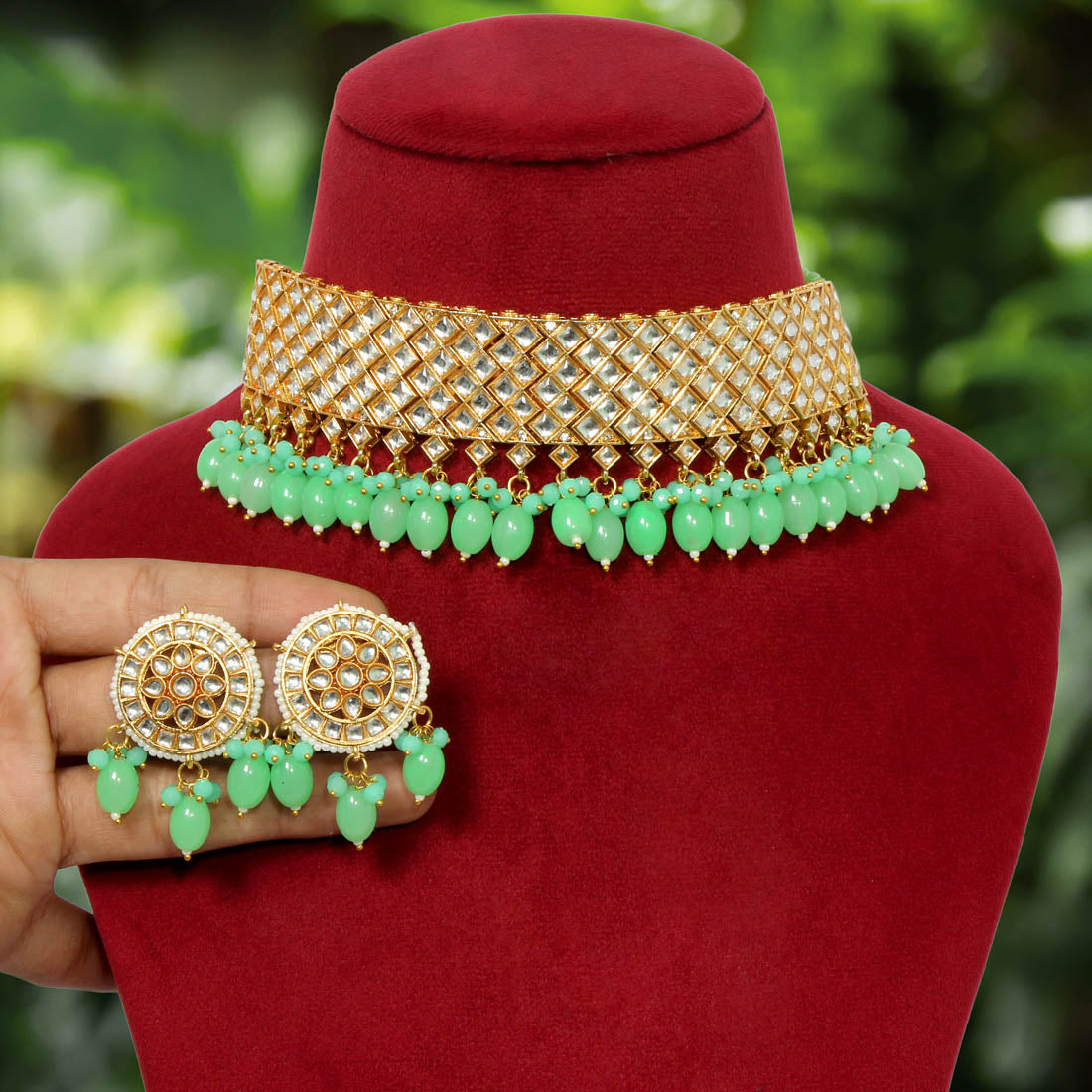 Parrot Green Color Kundan Choker Necklace Set (KN1093PGRN)