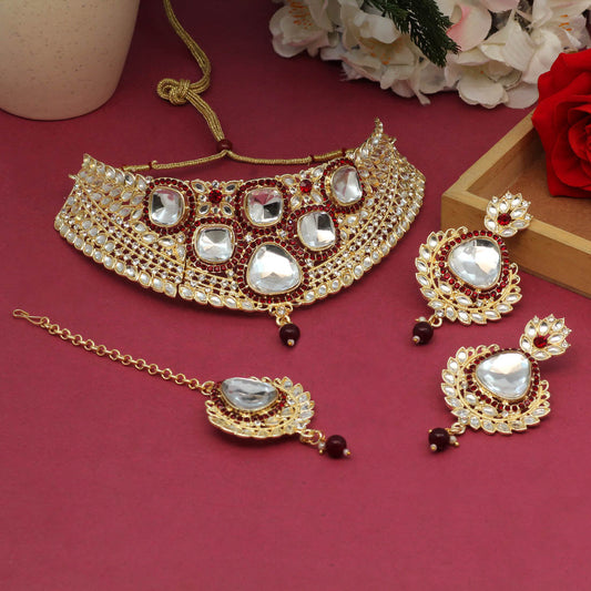 Maroon Color Choker Kundan Necklace Set (KN1124MRN)
