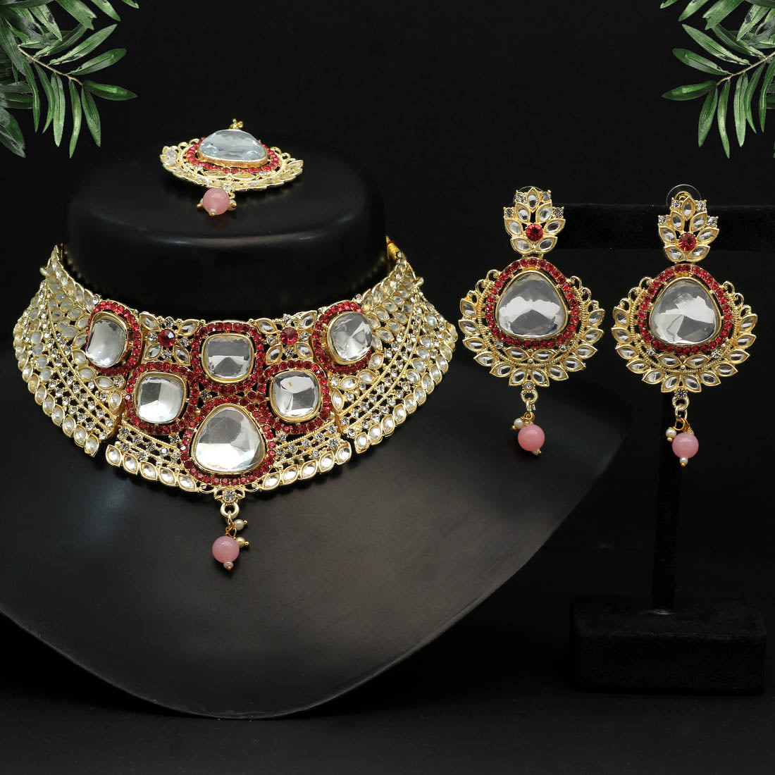 Pink Color Choker Kundan Necklace Set (KN1124PNK)