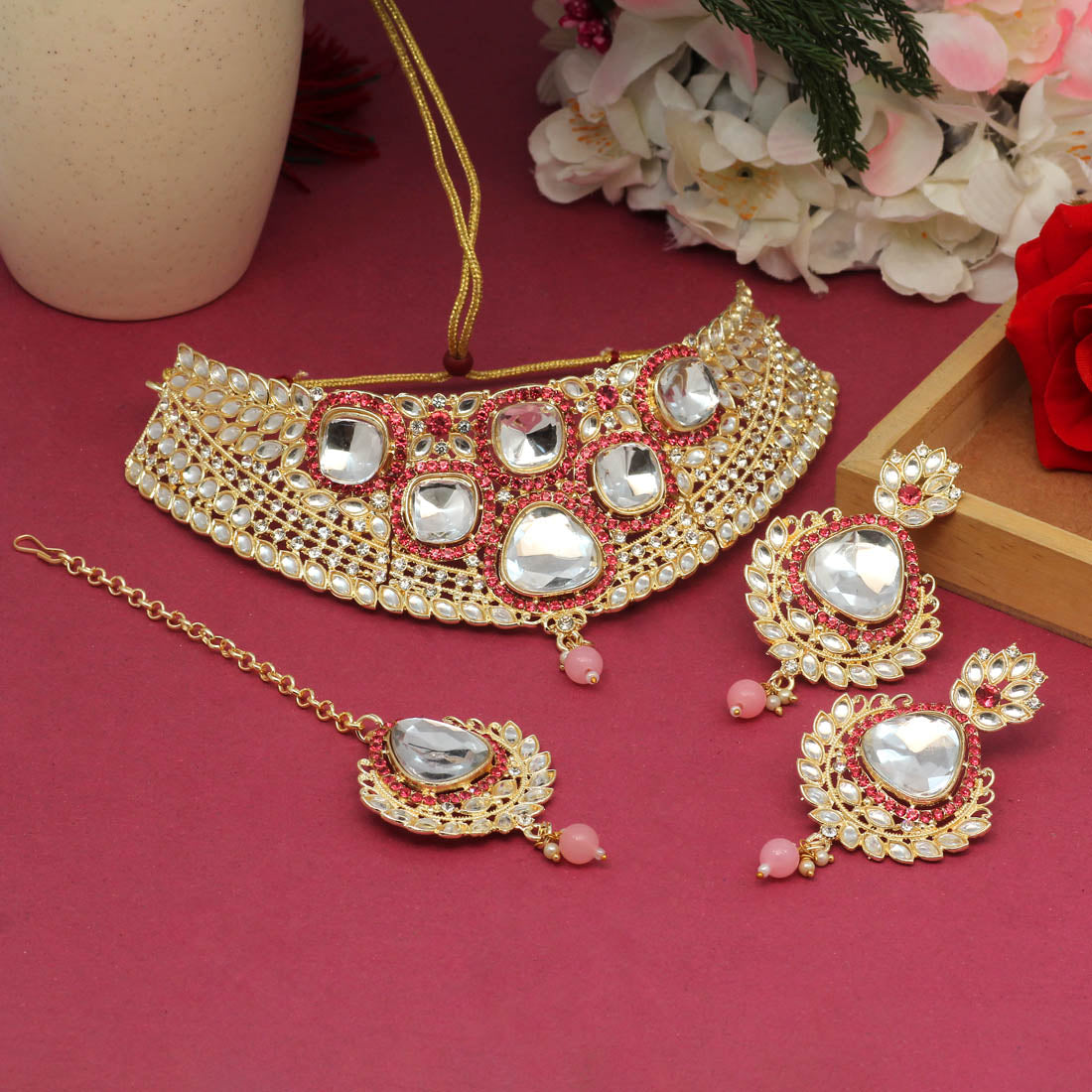 Pink Color Choker Kundan Necklace Set (KN1124PNK)