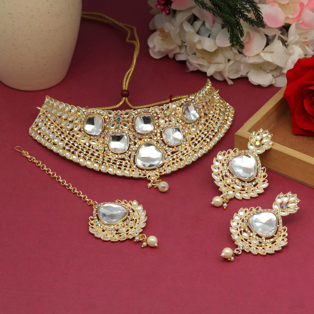 Rainbow Color Choker Kundan Necklace Set (KN1124RNW)