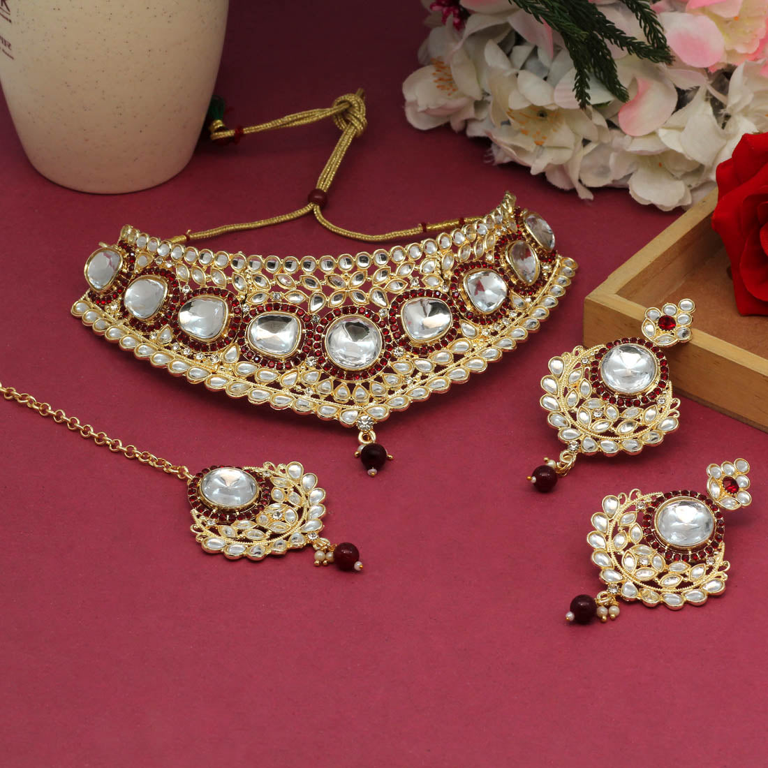 Maroon Color Choker Kundan Necklace Set (KN1126MRN)