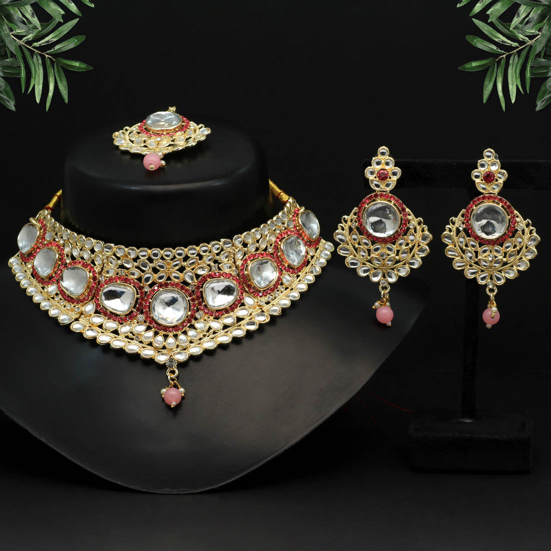 Pink Color Choker Kundan Necklace Set (KN1126PNK)