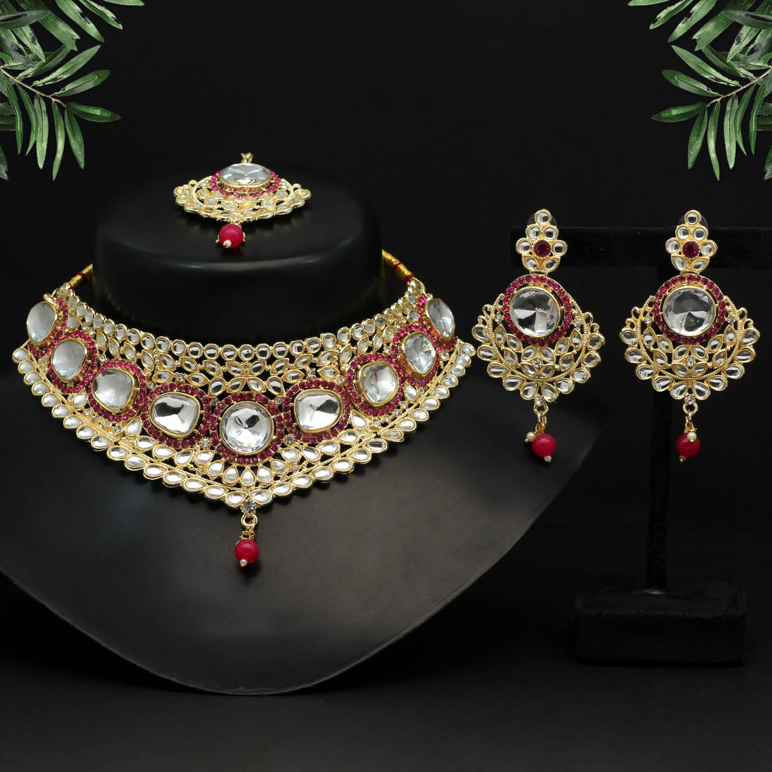 Rani Color Choker Kundan Necklace Set (KN1126RNI)