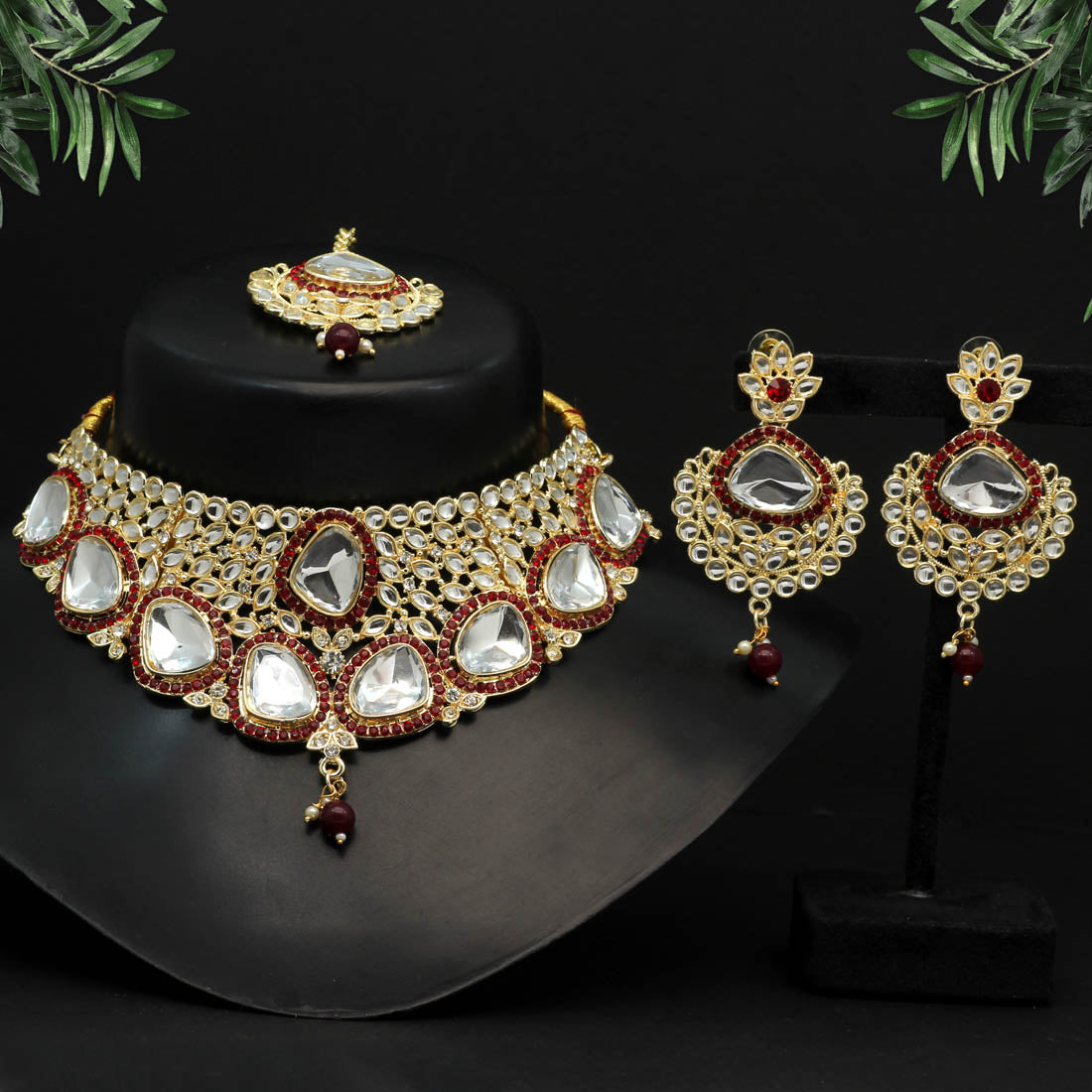 Maroon Color Choker Kundan Necklace Set (KN1127MRN)