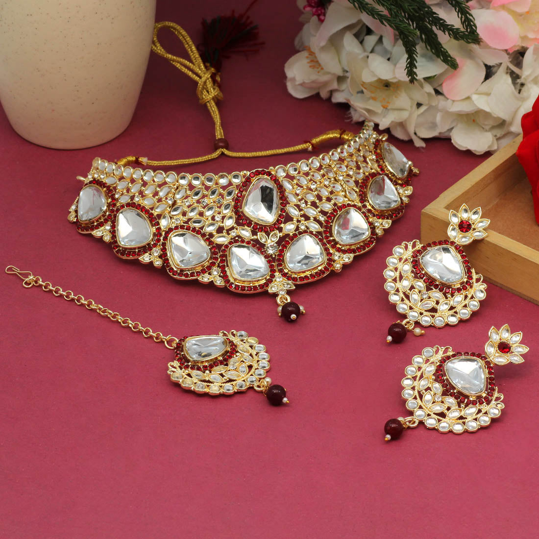 Maroon Color Choker Kundan Necklace Set (KN1127MRN)