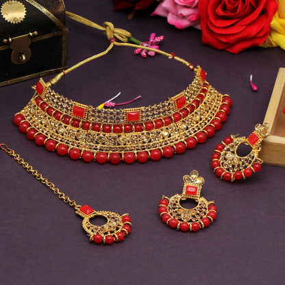 Red Color Choker Kundan Necklace Set (KN1149RED)