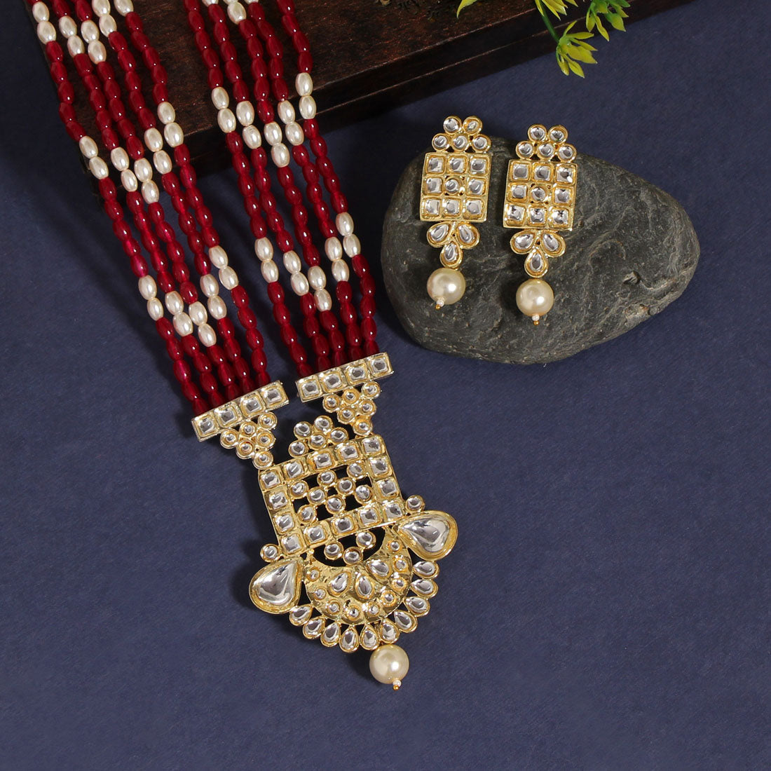 Rani Color Kundan Long Necklace Set ( KN1200RNI)