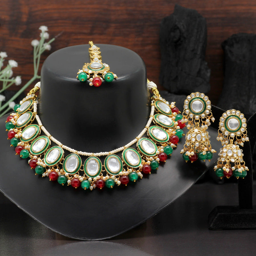 Indian Kundan Green Necklace Set With Earrings,indian Jewelry,bridal  Jewelry, Bollywood,ethnic,choker Necklace,jhumka Jhumki Polki Necklace -  Etsy
