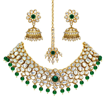 Green Color Imitation Pearl Kundan Necklace With Earring & Maang Tikka (KN130GRN)