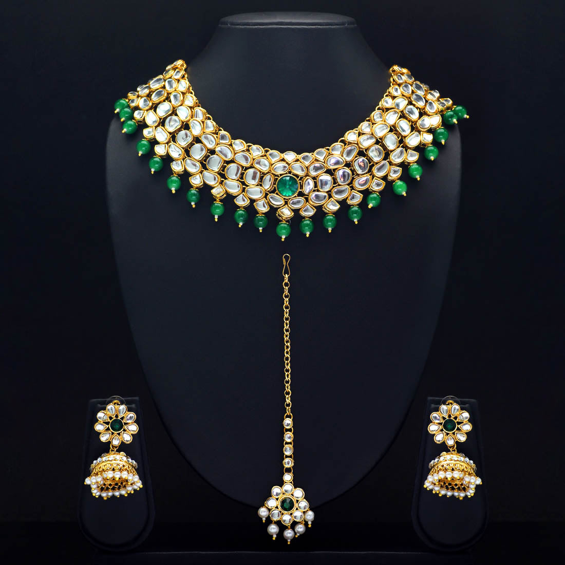 Green Color Imitation Pearl Kundan Necklace With Earring & Maang Tikka (KN130GRN)