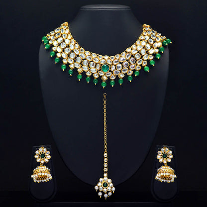 Green Color Imitation Pearl Kundan Necklace With Earring & Maang Tikka (KN130GRN)