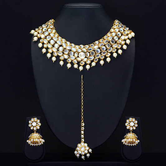 White Color Imitation Pearl Kundan Necklace With Earring & Maang Tikka (KN130WHT)