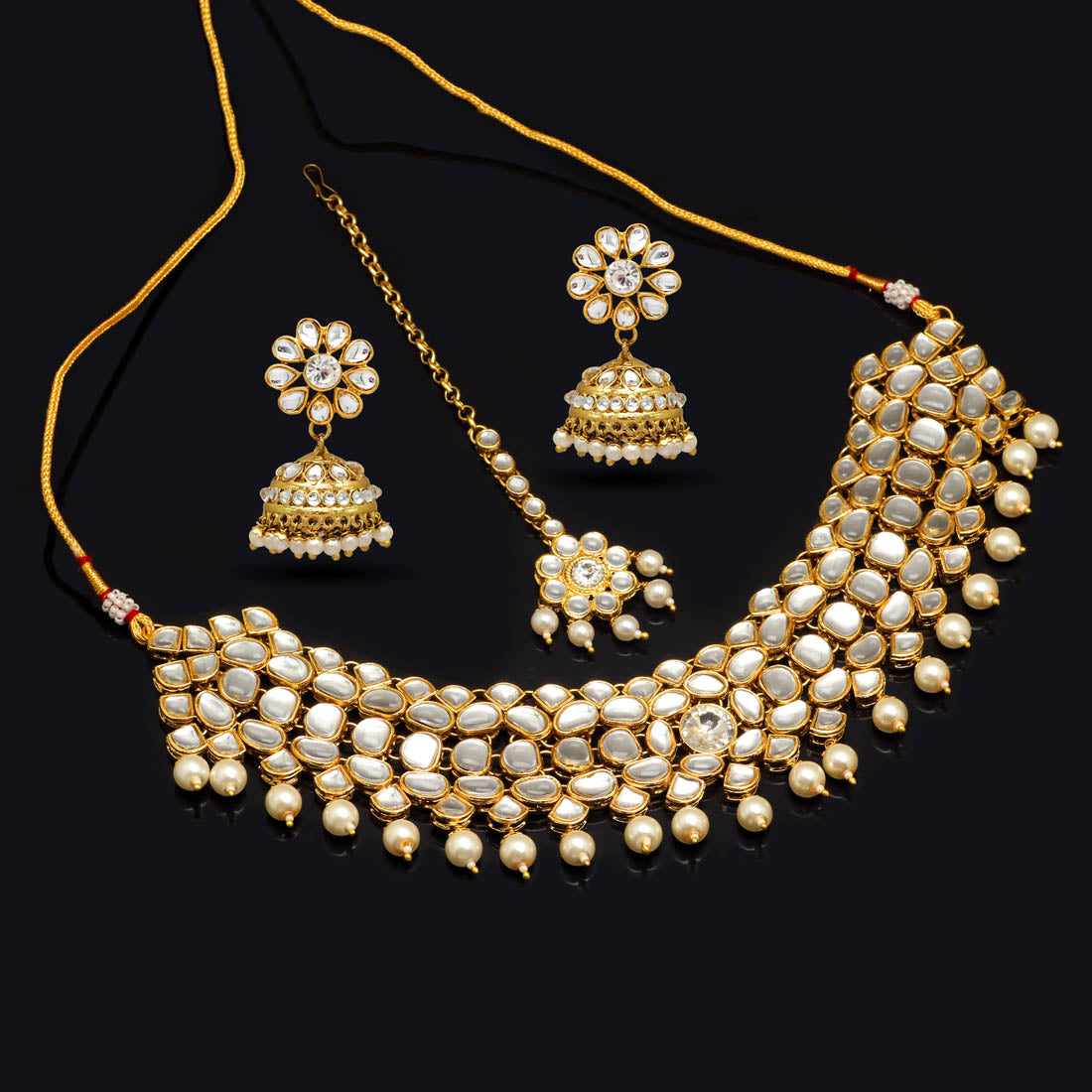 White Color Imitation Pearl Kundan Necklace With Earring & Maang Tikka (KN130WHT)