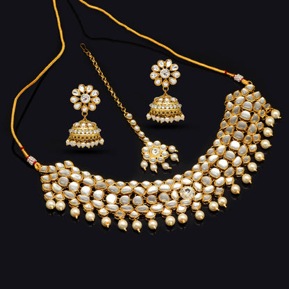 White Color Imitation Pearl Kundan Necklace With Earring & Maang Tikka (KN130WHT)