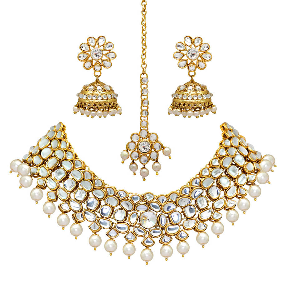 White Color Imitation Pearl Kundan Necklace With Earring & Maang Tikka (KN130WHT)