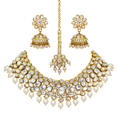 White Color Imitation Pearl Kundan Necklace With Earring & Maang Tikka (KN130WHT)