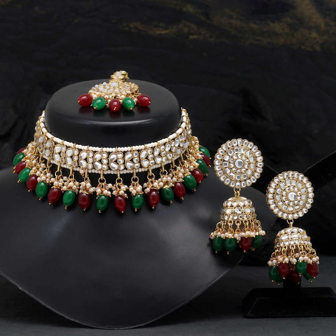 Maroon & Green Color Choker Kundan Necklace Set (KN1314MG)