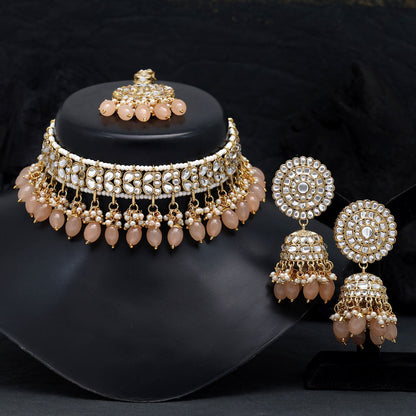Peach Color Choker Kundan Necklace Set (KN1314PCH)
