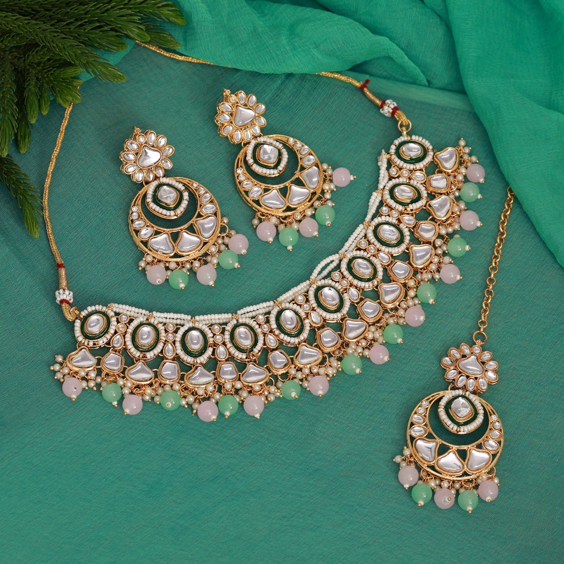 Pink & Pista Green Color Kundan Necklace Set (KN1363PNKPGRN)