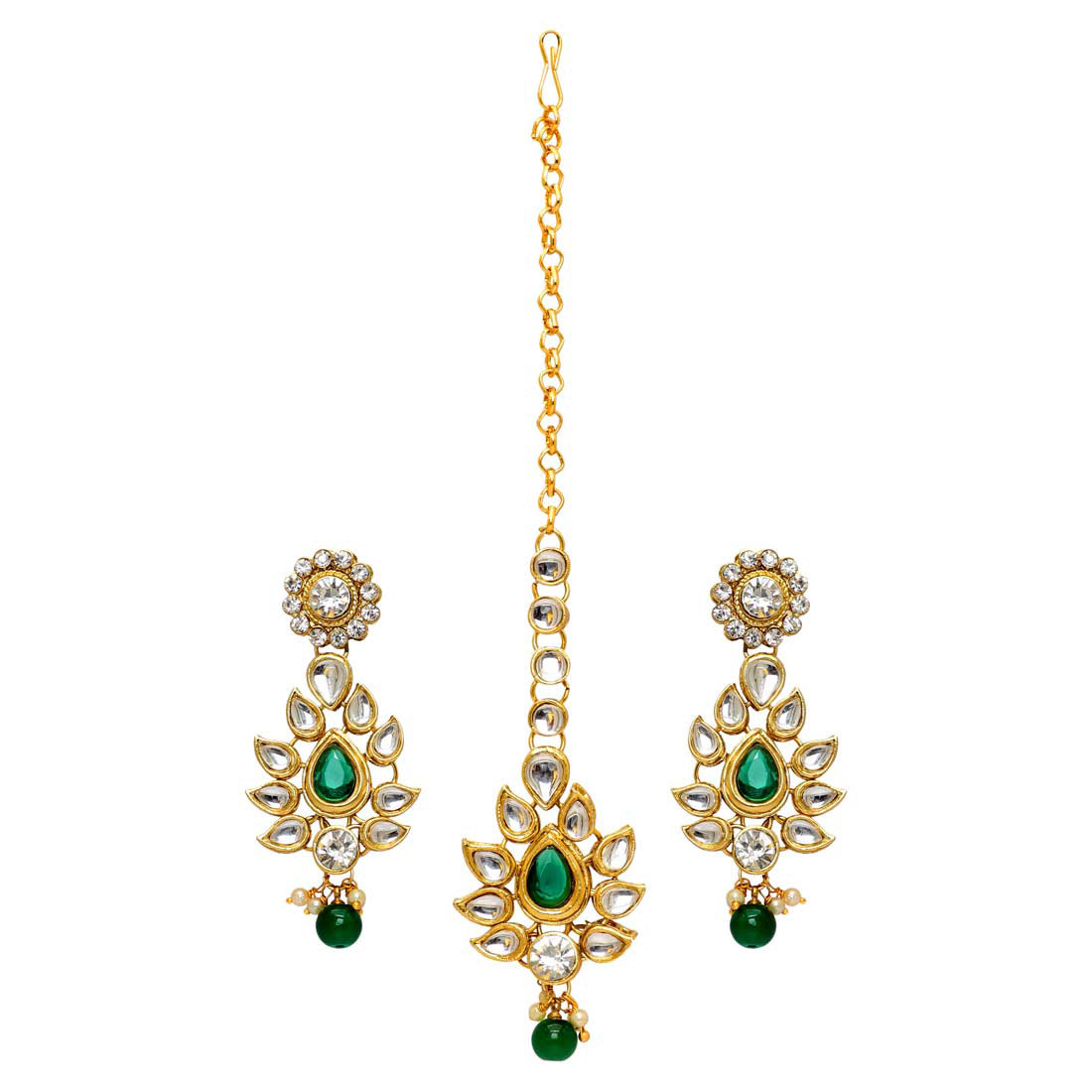 Green Color Imitation Pearl & Kundan Necklace With Earrings & Maang Tikka (KN163GRN)