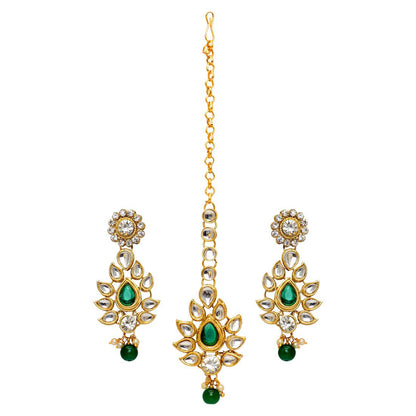 Green Color Imitation Pearl & Kundan Necklace With Earrings & Maang Tikka (KN163GRN)
